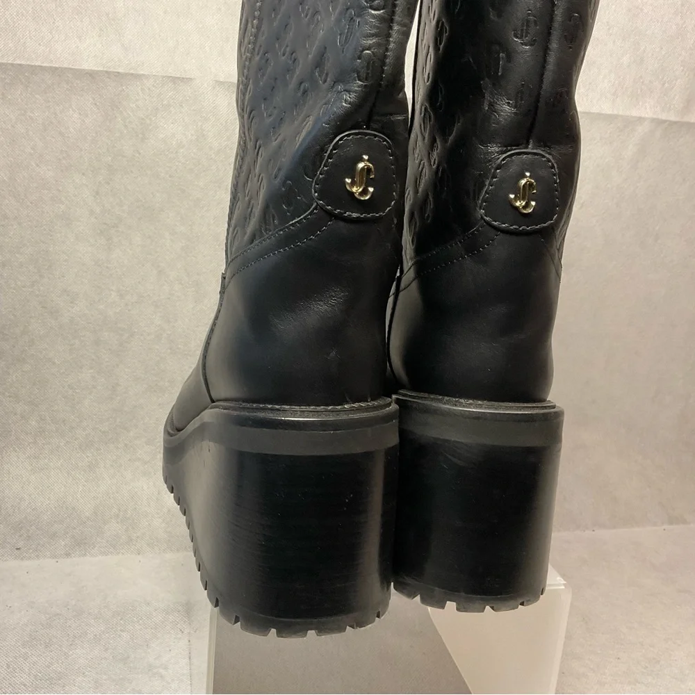 Jimmy Choo Monogram Embossed Leather Wedge Boots- Black- Barely Worn- Size 37.5 - Picture 8 of 14